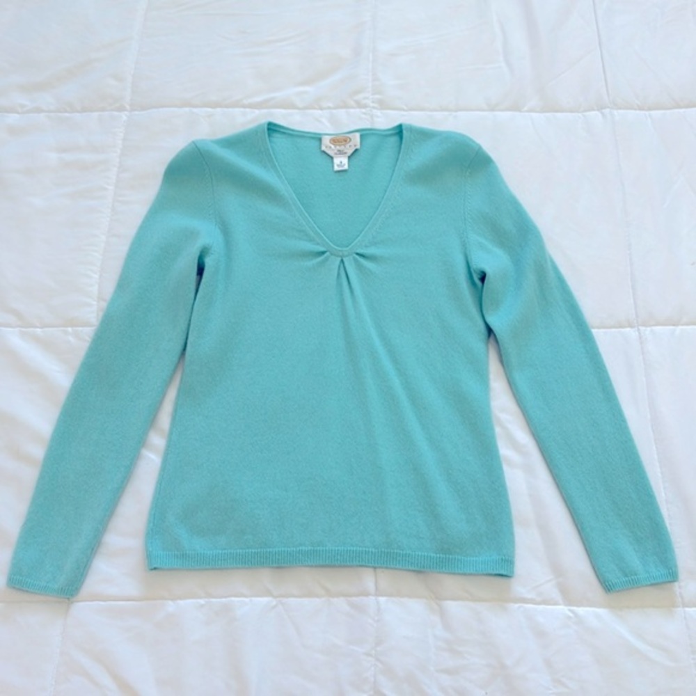 Talbots Petites 100% cashmere aqua v neck sweater sz S